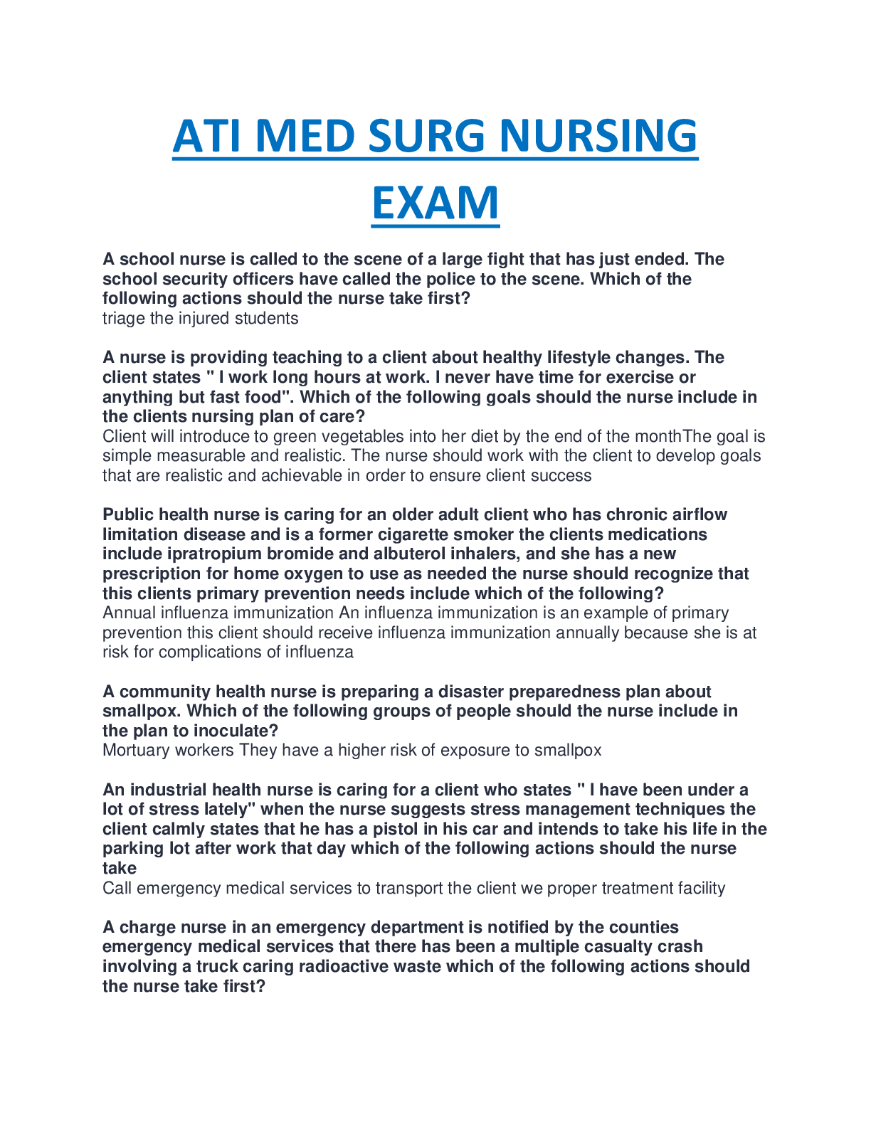 Preview of ATI MED SURG NURSING EXAM COMPLETE NEW SPRING SERIES EDITION, 100% VERIFIED.